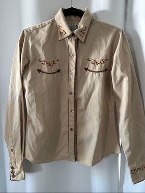 Beige/Light Brown with darker brown Embroidered Western Button-Up Shirt